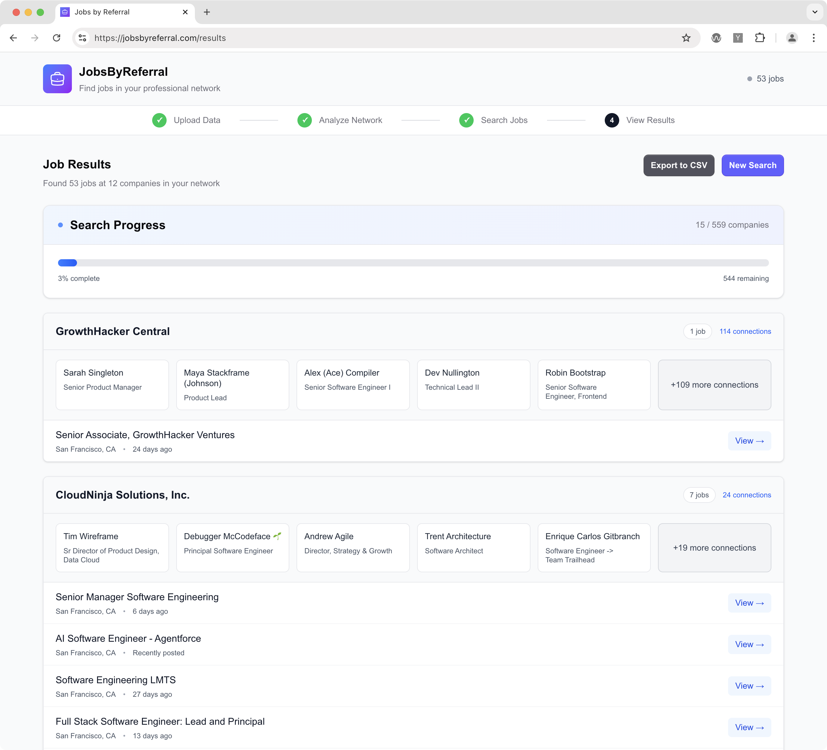 A screenshot of jobs available at companies that you are connected to